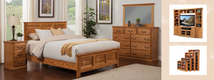 Traditional Oak Bedroom Suite consisting of a panel bed, 9 drawer dresser with mirror, and narrow 3 drawer nightstand, also shows inset pictures of an entertainment wall and series of 48" wide bookcases in different heights