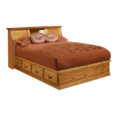 OD-O-T456-Q and OD-O-T462-Q - Traditional Oak Pedestal Bed with Bookcase Headboard - Queen Size - Oak For Less® Furniture