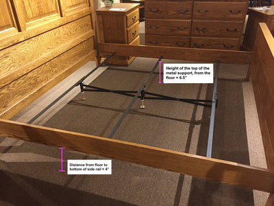 Wooden bed frame with measurements from floor to top of metal support 6.5 inches and floor to bottom of side rail 4 inches - Oak For Less® Furniture