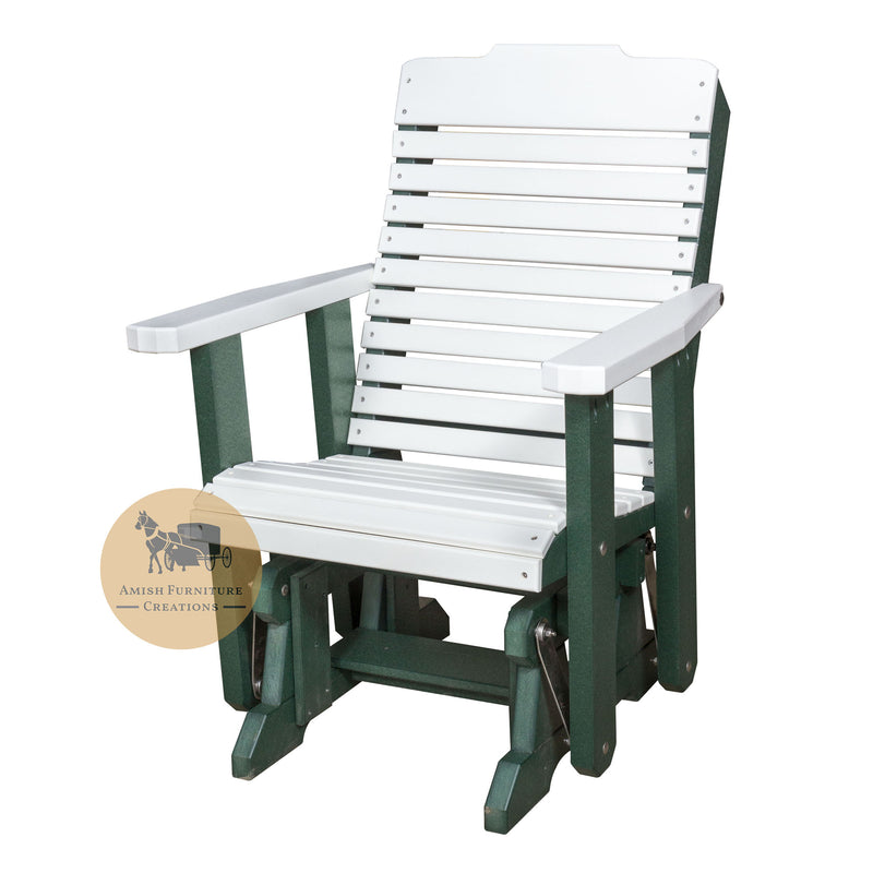 Amish made Outdoor Poly Lumber Curveback Glider in turf green and white - Oak For Less® Furniture / Amish Furniture Creations™