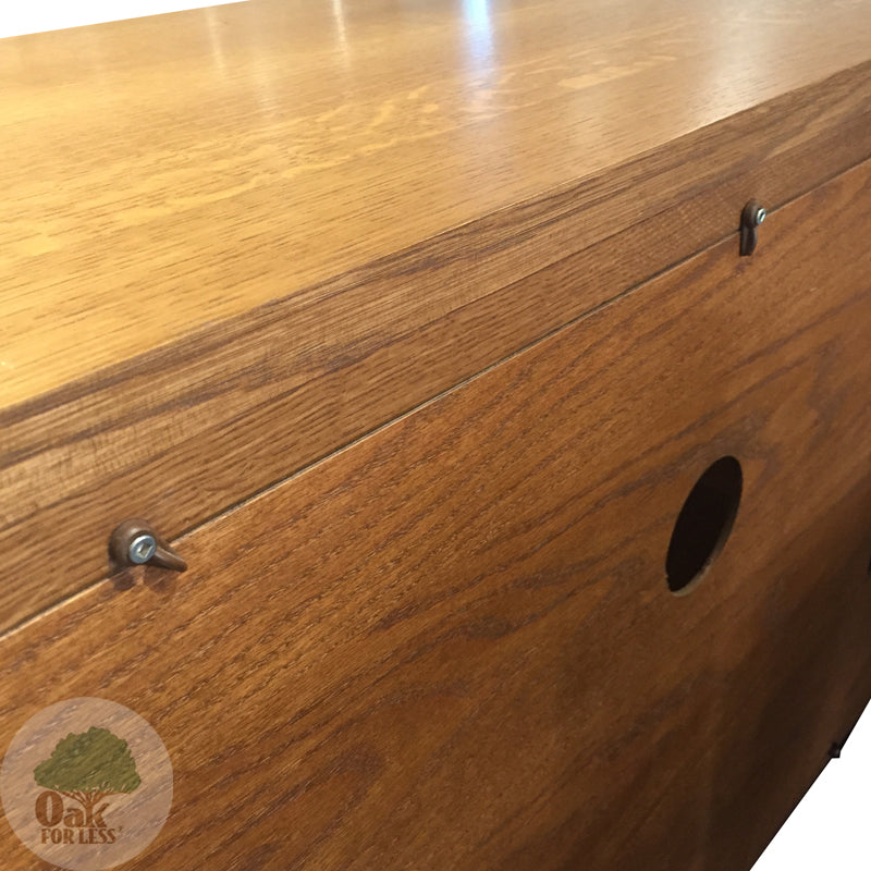 Amish made Arts & Crafts 64" Entertainment Console back detail showing open cord management hole and swivel clips for removable backing - Oak For Less® Furniture