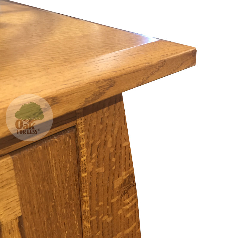Amish made Arts & Crafts 64" Entertainment Console detail showing beveled edge on the top- Oak For Less® Furniture