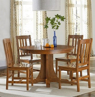 Amish made Old Mission Pedestal Table and 4 Wood Seat Side Chairs in Solid Oak - Oak For Less® Furniture