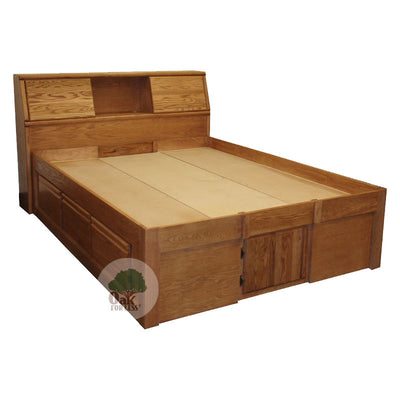 FD-3024 and FD-3011 - Contemporary Oak Pedestal Bed with Bookcase Headboard - Full Size - Oak For Less® Furniture