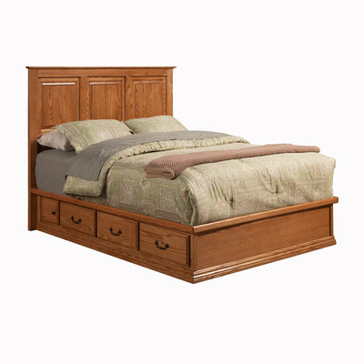 OD-O-T456-Q and OD-O-T471-Q-HB - Traditional Oak Pedestal Bed with Panel Headboard - Queen Size - Oak For Less® Furniture